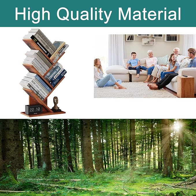 Tree Bookshelf, 5 -Tier Book Storage Organizer Shelves Floor Standing Bookcase, Wood Storage Rack for Office Home School Shelf Display for Cd/Magazine (Rustic Brown)