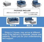 Shintenchi 5 Pieces Outdoor Patio Sectional Sofa Couch, Silver Gray PE Wicker Furniture Conversation Sets with Washable Cushions & Glass Coffee Table for Garden, Poolside, Backyard (Aegean Blue)