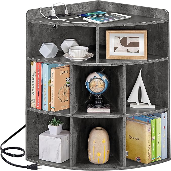 Vecelo Corner Cabinet with Charging Station, 3-Tier Cube Storage Organizer with USB Ports and Outlets, Triangle Bookcases with 8 Cubbies for Playroom, Bedroom, Living Room, Grey