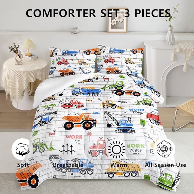Axolotl Construction Comforter Set Twin,Excavator Bedding Set,Construction Vehicles Comforter Set,Excavator Comforter,Excavator Tractor Trucks Bedding Set for Kids Boys Teens,1 Quilt 2 Pillowcases