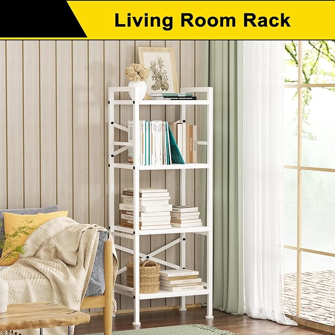 4 Tier Book Shelf, Small Bookshelf Storage Organizer, Tall Narrow Bookcase with Storage Shelves, Wooden Industrial Office Shelves for Bedroom, Living Room, White