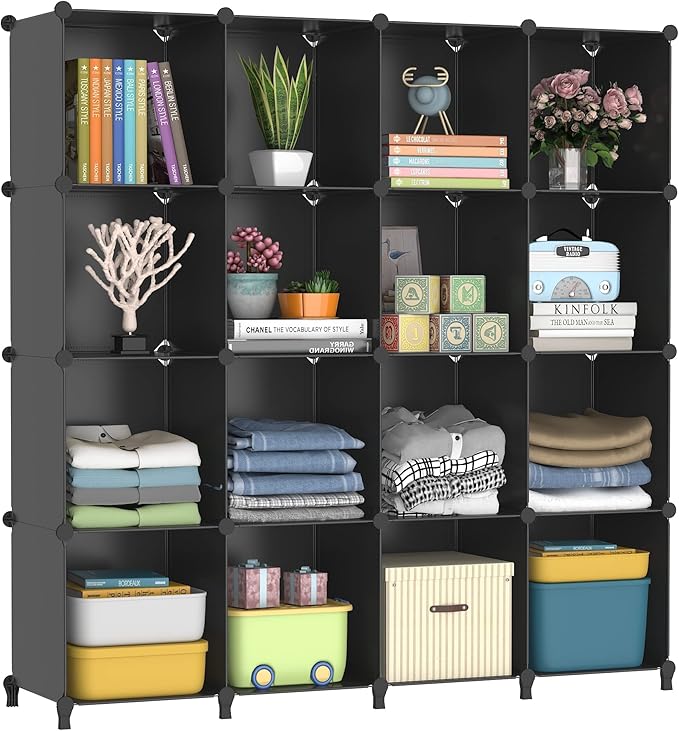 FUNLAX Cube Storage Shelf, 16 Storage Cubes Closet Organizers and Storage Portable Cube Storage Organizer Plastic Bookshelf Bookcase for Study Room, Bedroom, Office, Black
