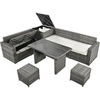6-Piece Patio Furniture Set, L-Shaped Outdoor PE Wicker Rattan Sectional ConversationSet with Adjustable Seat, Storage Box, Removable Covers and Tempered Glass Top Table, for Backyard