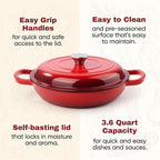 3 Quart Enameled Cast Iron Braiser, Non Stick Enameled Cast Iron Skillet with Lid, Dutch Oven Skillet with lid up to 500°F for Oven, Stove, Grill, Shallow Dutch Oven for Cook, Bake (Red)