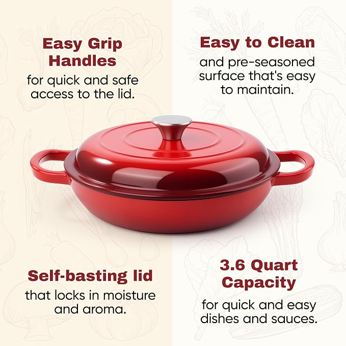 3 Quart Enameled Cast Iron Braiser, Non Stick Enameled Cast Iron Skillet with Lid, Dutch Oven Skillet with lid up to 500°F for Oven, Stove, Grill, Shallow Dutch Oven for Cook, Bake (Red)