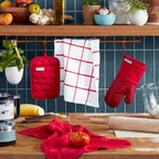 KITCHENAID Quilted Cotton Terry Cloth Oven Mitt, Pot Holder, Kitchen Towel 4-Pack Set, Heat Resistant, Silicone Grip, Gift Set, Passion Red, 16"x26", 7"x13" & 7"x10"