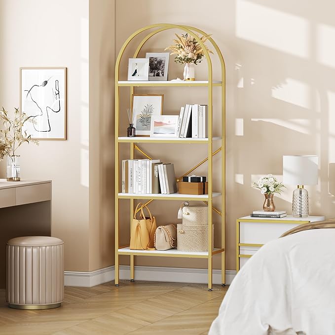 YITAHOME Gold Bookshelf and Bookcase, 71.3” Tall Modern Open Arched Book Shelf, 4-Tier Freestanding Storage Display Rack Shelves for Bedroom,Living Room,Office,Kitchen, White&Gold