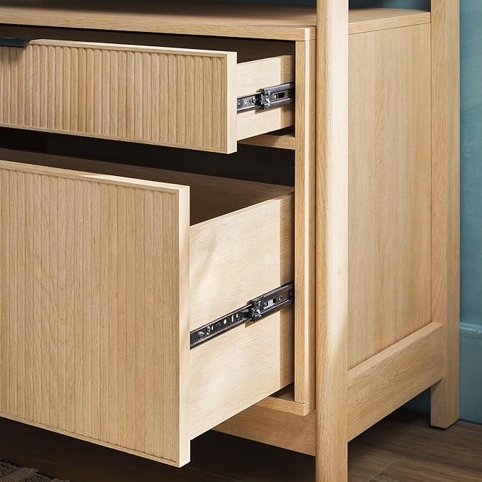 Walker Edison Modern Reeded 4-Shelf Bookshelf Bottom, 33 Inch, Two-Drawer Coastal Oak