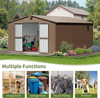 10x12 Ft Large Outdoor Storage Shed, Brown Metal Garden Outdoor Storage Workshop Shed with Lockable Doors, Windows, Air Vents, Waterproof for Backyard, Mower Storage, Backyard, Lawn, Patio