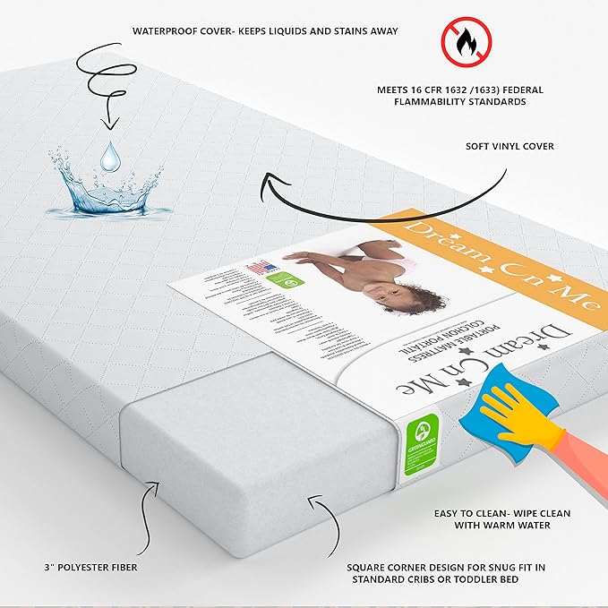 3 in 1 Portable Folding Stationary Side Crib in White, Greenguard Gold & Sunset 3” Extra Firm Fiber Crib Mattress, Greenguard Gold Certified, Waterproof Vinyl Cover