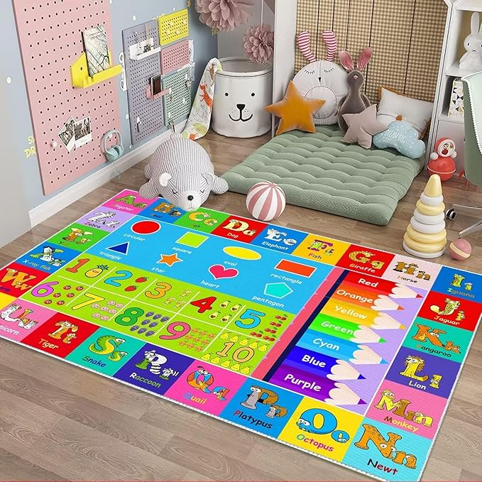 Kids Alphabet Play Game Rug - 7'x10' ABC Numbers and Shapes Educational Learning Toddler Carpet - Kids Room Playroom Classroom Kindergarten Activity Fun Soft Non-Slip Mat