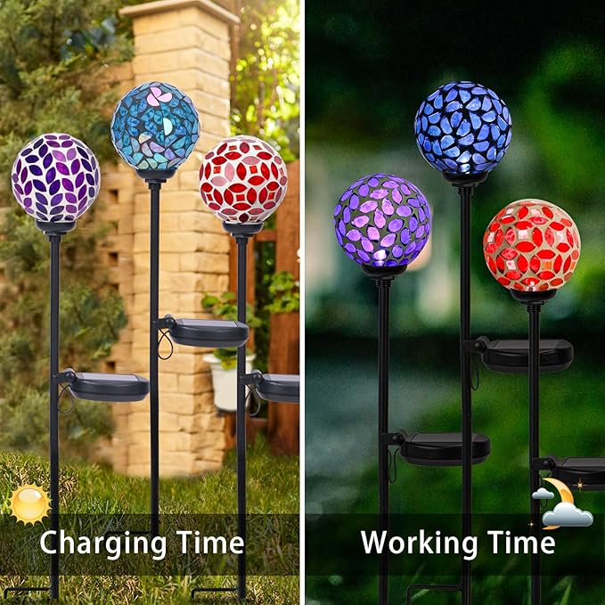 VCUTEKA Solar Garden Decorative Lights Outdoor, Mosaic Solar Light Waterproof LED Pathway Stake Light for Landscape Patio Yard Deck Walkway Decoration, 3 Pack （Blue&Purple&Red）