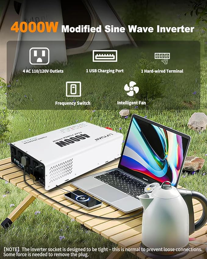 LVYUAN 4000 Watt Power Inverter 12V to 110V 120V DC to AC Converter with 4 AC Outlets, LCD Display, USB Charge Port, Remote Control for Home RV Vehicle Outdoor Camping Car Power Inverter
