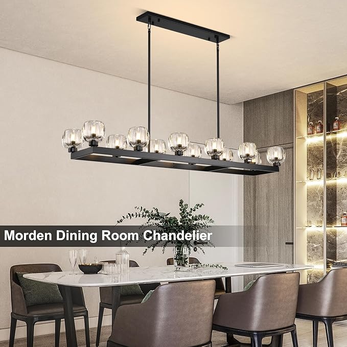 59 Inch Black Rectangle Wagon Wheel Chandeliers, Black Chandelier for Dining Room Over Table, Modern Crystal Long Chandelier, Farmhouse Large Linear Chandeliers for Kitchen Island