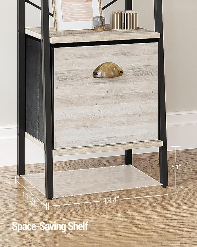 Narrow Bookshelf Bookcase with Drawer, Ladder Shelf with 2 Hooks, Bookshelves Storage Organizer, Freestanding Display Standing for Home Office, Bedroom, 4 Tier Greige BC19405B