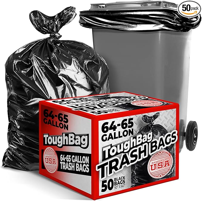 ToughBag 64-65 Gallon Trash Bags Heavy Duty, 50 x 48” Large Black Garbage Bags (50 Count) - Made In USA