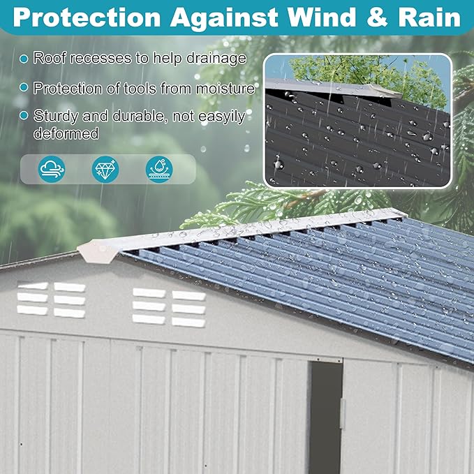 8x6 FT Outdoor Metal Storage Shed, Tool Shed with Peaked Roof and Lockable Door, Compact Garden Shed with Clear Window for Backyard Garden Patio Lawn, White+Gray