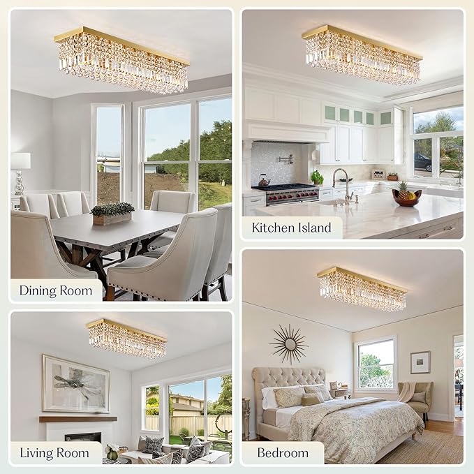 Rectangle Chandelier 8-Light Crystal Chandeliers, Modern Dining Room Light Fixture Luxury Gold Rectangular Flush Mount Chandelier Ceiling Light for Dining Room Living Room Kitchen Island Bar L40 Inch