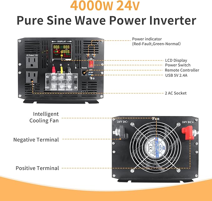 4000 Watt Pure Sine Wave Power Inverter DC 24V to 110V/120V AC Converter with 2 AC,5V 2.4A USB Charging Ports, Car Solar Power Inverters with LCD Display for Home RV Truck