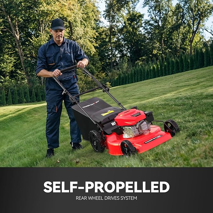 PowerSmart Self Propelled Gas Lawn Mower, 22 in. 170cc OHV Engine 2-in-1 Rear Wheel Drive, High Wheels, 6-Position Height Adjustment