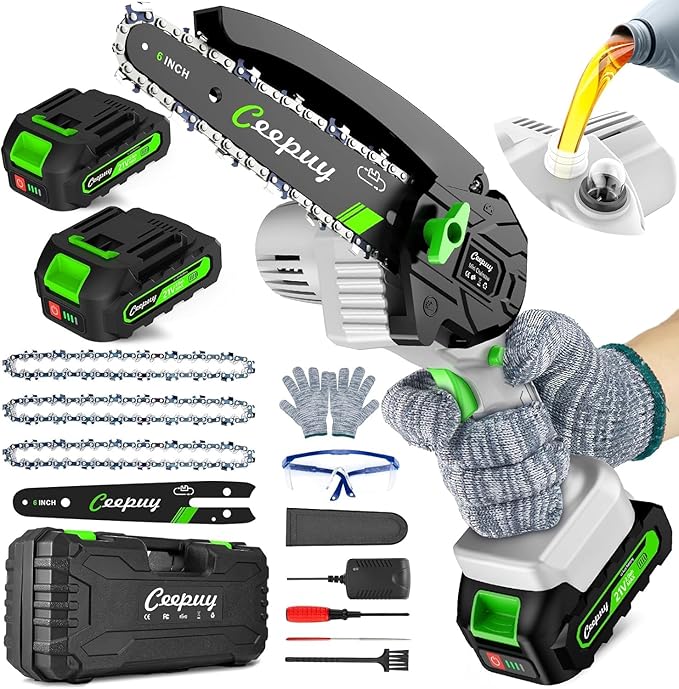 Mini Chainsaw Cordless,6 Inch Portable Electric Chainsaw with Automatic Oiler/Security Lock/Battery Powered Small Handheld Saw for Trees Branches Trimming,Wood Cutting, Gifts for Men Women