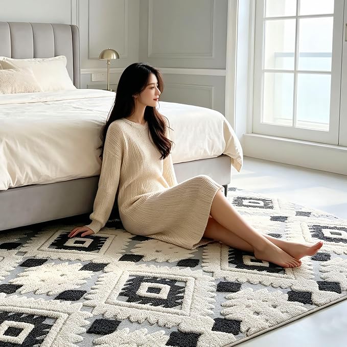 Washable Area Rug 4'x6' for Kids Room Living Room Bedroom, Bohemia | Soft Cozy Fluffy Mid Pile Machine Washable Non Slip Modern Jacquard Boho Accent Area Carpet for Nursery Kids Room Dorm Hotel