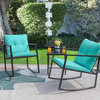 Greesum 3 Piece Rattan Patio Furniture Set with Rocking Chairs, Glass Table and SOLPEX 16 Pack Solar Deck Lights for Outdoor Stairs, Fence and Pathway
