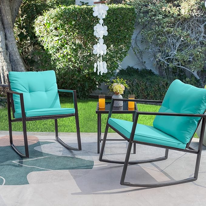Greesum 3 Pieces Rocking Wicker Bistro Set, Patio Outdoor Furniture Conversation Sets with Porch Chairs and Glass Coffee Table, Blue