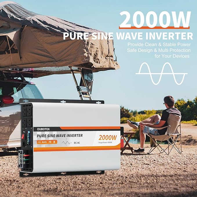 2000W Pure Sine Wave Inverter 24V DC to 120V AC Converter for Truck Boat Camping Outdoor Solar System, 2000 Watt Power Inverter with LCD Display, Remote Controller, USB Port, 4 AC Outlets