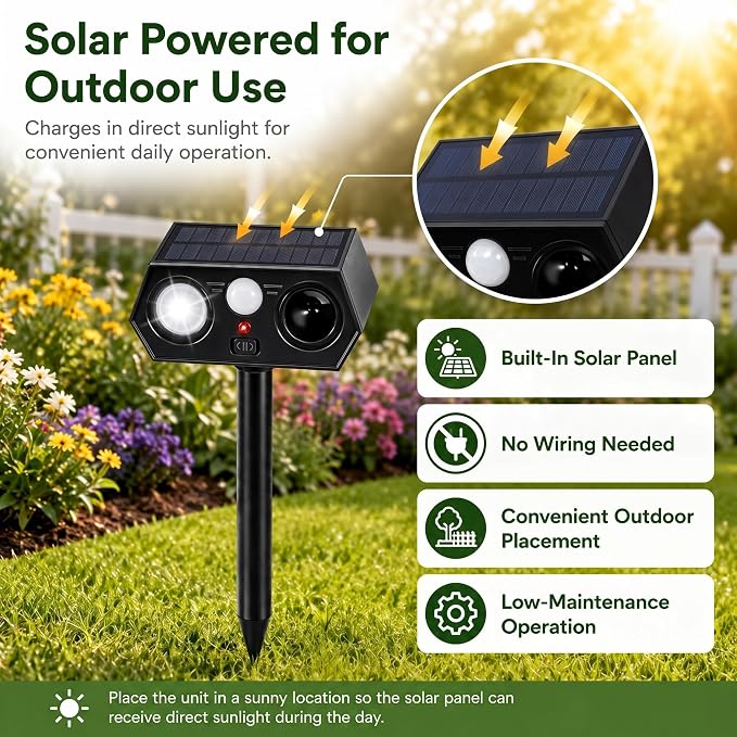 2026 Solar Ultrasonic Animal Repeller Outdoor, Deer Repellent Devices with Motion Sensor & LED Flashing Light, Cat Deterrent for Yard, Garden, Lawn, Rabbit, Squirrel, Raccoon, Dog, 2 Pack Black