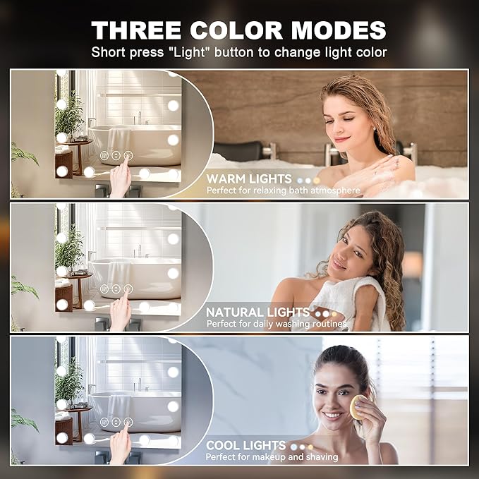 Hasipu LED Bathroom Mirror with Lights, 40" x 24" Hollywood Wall-Mounted Bathroom Mirror with 16 Dimmable Bulbs, 3 Colors Modes, Touch Control, Anti-Fog, Memory Function, Shatter-Proof, ETL Listed