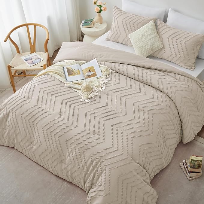 CozyLux King Size Comforter Set Beige - 3 Pieces Boho Tufted Shabby Chic Bedding Comforter Set for All Seasons, Chevron Bedding Sets with Comforter & 2 Pillow Shams