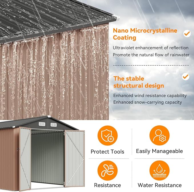8x15 FT Metal Outdoor Storage Shed, Dual Doors with Lockable Bolts, Large Garden Shed for Yard Tools, Bike, Generator, Waterproof Galvanized Steel Panel with Vent & Sloping Roof(Brown)