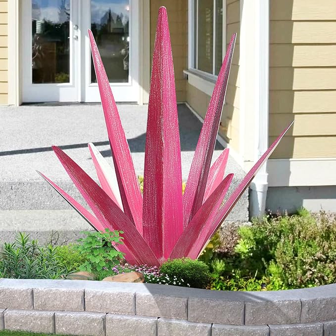 Large Tequila Rustic Sculpture, Rustic Metal Agave Plants for Outdoor Patio Yard, Home Decor Hand Painted Metal Agave Garden Yard Statue, Outdoor Lawn Ornaments Yard Stakes (Rose Red - M)