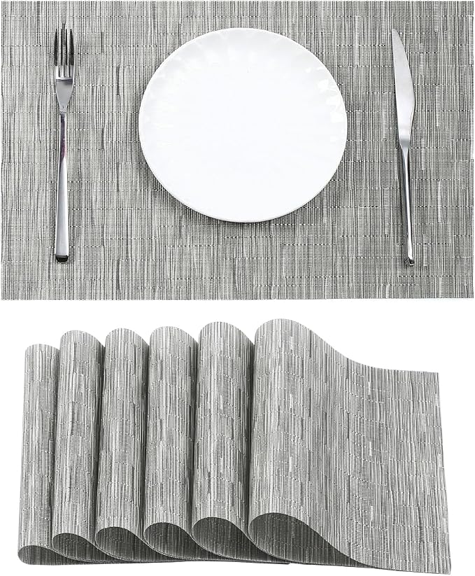 Leetaltree Silver Placemats Set of 6 - Heat Resistant Non-Slip Place mats for Dining Table, Washable Durable PVC Vinyl Woven Table Mats（Silver, 6）