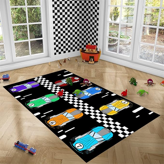 Race Car Rug Kids Play Area Rugs Race Car Track Rug Kids Rug with Roads and Tracks Car Track Carpet Car Rug for Boys Room Race Car Room Decor for Boys,Black 5'×7'