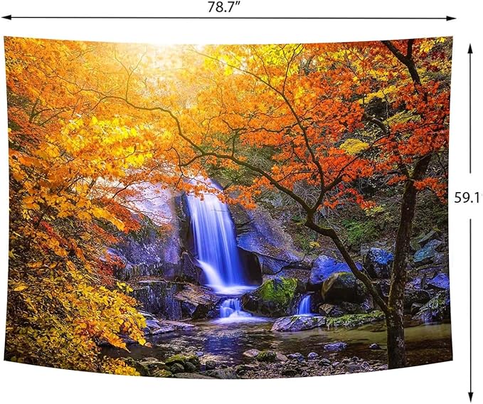 Delur Waterfall Tapestry Forest Nature Scenic Tree Mountain Sunset Tapestry Wall Hanging Natural Landscape Sunrise Headboard for Bedroom Living Room Home Decor (59.1" x 78.7")