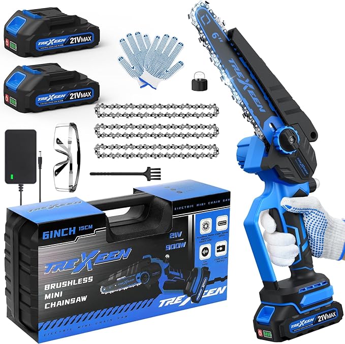 Mini Chainsaw, 6-Inch Electric Chainsaw Cordless, Upgraded 900W Brushless Portable Handheld Small Chain Saw with Auto Chain Regulator & Auto Oiler for Wood Cutting/TreeTrimming/Courtyard (Blue)