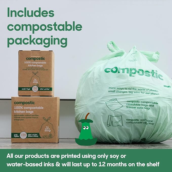 Compostic Home Compostable Trash Bags, 3 Gallon Small Kitchen Rubbish Bags (17” x 17.7”), Extra Strong & Quickly Breaks Down, 100 Count