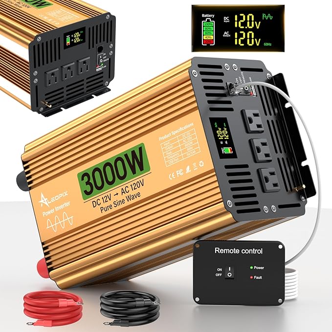 3000 Watt Inverter 12V DC to 110V/120V AC, Pure Sine Wave Inverter for Truck/RV/Home/Solar/Off-Grid, Surge 6000W Pure Sine Power with 3 AC Sockets, 5V 3.4A USB, Digital Display, Remote Controller