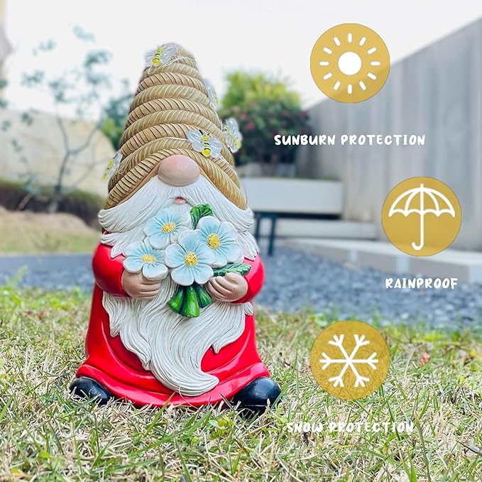 Outdoor Garden Gnomes Statue, Bee Flower Gnome Sculpture, with Solar LED Lights for Yard, Patio, Lawn Ornaments for Garden, Patio Gnome Gifts for Mom