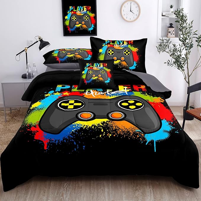 Kids Gaming Bedding Sets, 6 Piece Gamer Comforter Sets for Teens Boys Full Size for Bedroom Comforter Set Adult 3D Gamepad Microfiber Bedding Sets Fits All Season Bedding Comforter Sets
