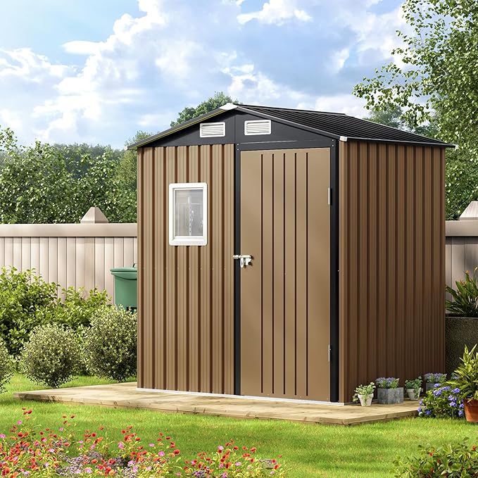 6X4FT Outdoor Steel Storage Shed with Lockable Doors, One Window,Ideal for Garden, Backyard, Patio Storage,Brown