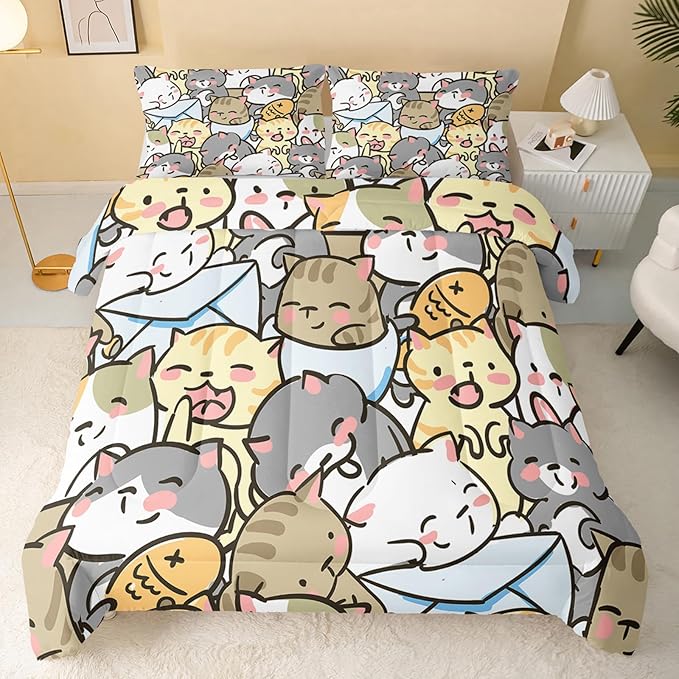 Kawaii Cat Comforter Queen Size,Cute Cat Comforter Set for Kids Teens Girls,3Pcs Bedding Set Printed Comforter with 2 Pillowcases,Down Alternative,Soft and Lightweight，Queen Size