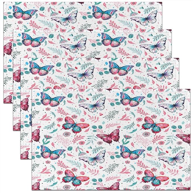 Feelyou Butterfly Table Place Mats, 18"x12" Girl Butterfly Floral Placemats Set of 4 for Beautiful Butterfly Placemat for Kitchen Dining Table Decor Indoor Outdoor Floral Botanical