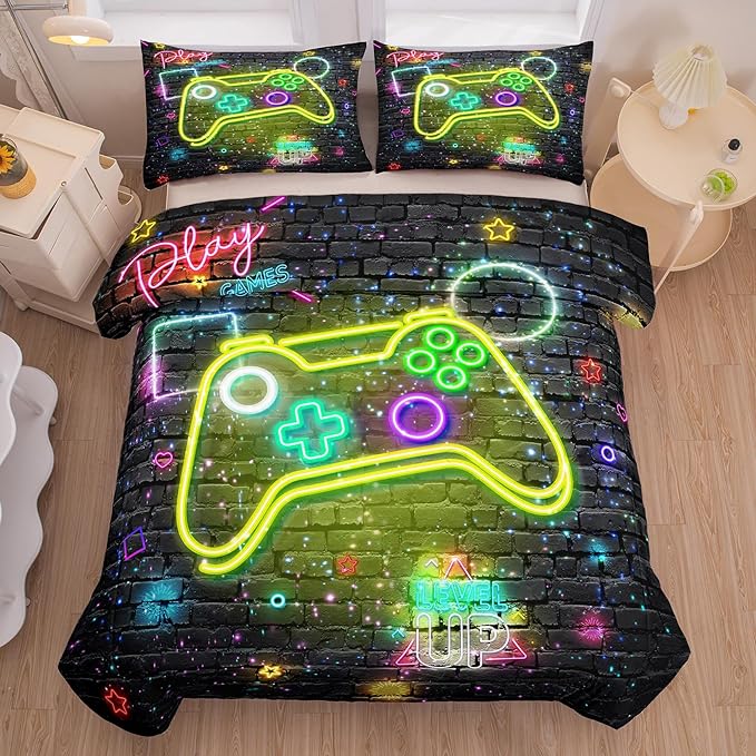 Boys Queen Size Bedding Set, 3 Pieces, Gamepad 08, Includes 1 Comforter & 2 Pillowcases