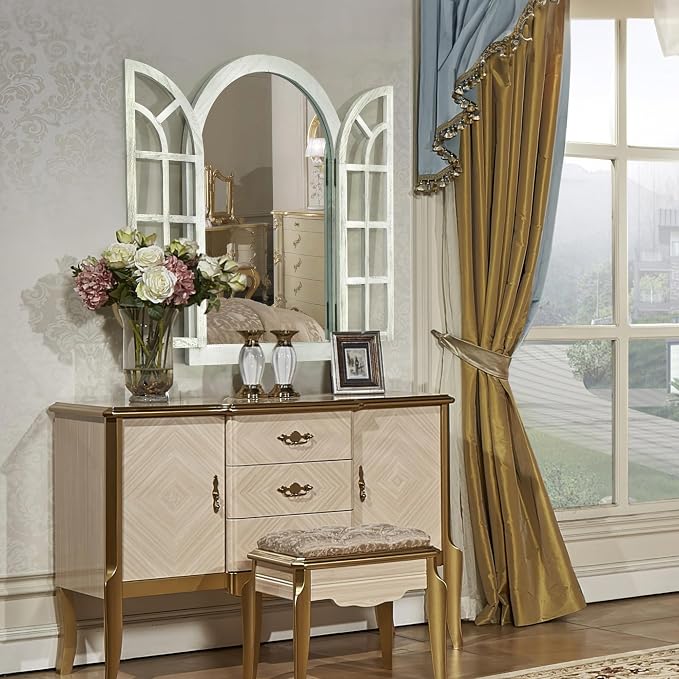 Window Mirrors for Wall Decor -White Arched Wall Mirror Farmhouse Wall Decor Wood Frame Decorative Wall Mirrors Like Window for Bedroom, Living Room, Entrance, Dining Room