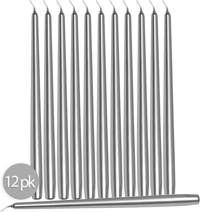 Hyoola 12 Pack Tall Metallic Taper Candles - 14 Inch Silver Metallic, Dripless, Unscented Dinner Candle - Paraffin Wax with Cotton Wicks