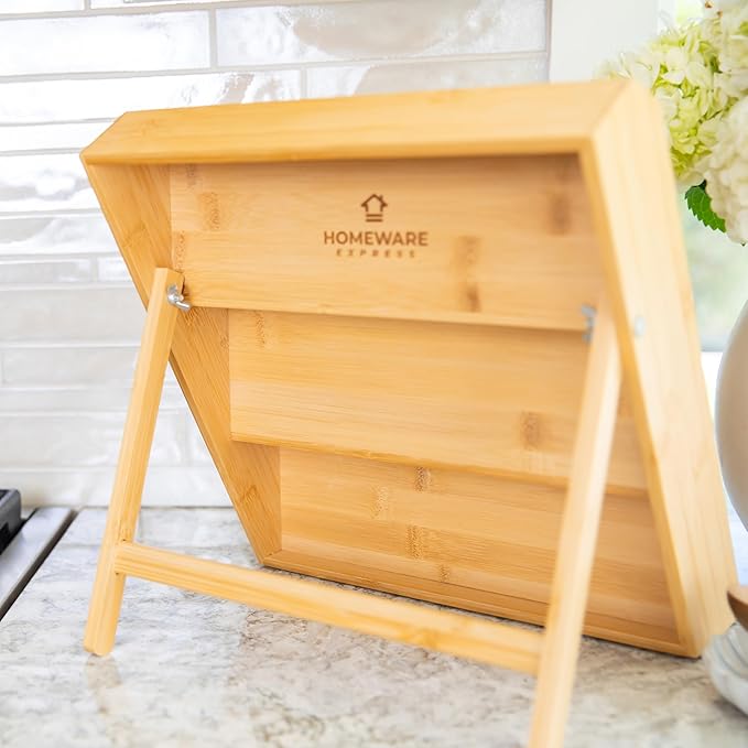 Extra Sturdy 3-Tier Bamboo Spice Rack – 12" W x 10" D x 13" H – Foldable Non-Slip Wooden Spice Organizer for Countertop, Cabinet & Drawer – Includes Labels, Funnel & Hooks – Spice Jars NOT Included