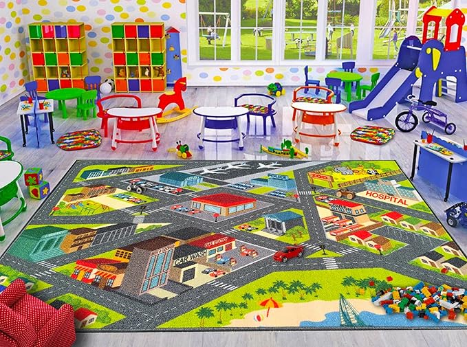 KC CUBS Road Play Map City Car Vehicle Traffic Educational Learning & Fun Game Area Non Slip Boy & Girl Kids Rug Carpet for Children Bedroom, Toddler Classroom & Baby Playroom Mat, Playtime Activity